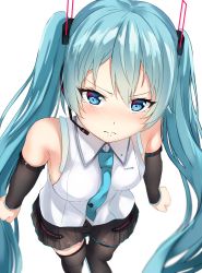 Rule 34 | 1girl, absurdly long hair, absurdres, aqua eyes, aqua hair, aqua necktie, artist name, artist request, bad id, bad pixiv id, bare shoulders, black footwear, black skirt, black sleeves, black thighhighs, blue eyes, blue hair, blue necktie, blush, boots, breasts, clenched hands, closed mouth, collared shirt, commentary, detached sleeves, female focus, floating hair, foreshortening, from above, hair between eyes, hair ornament, hatsune miku, headphones, headset, highres, long hair, long sleeves, looking at viewer, microphone, miniskirt, necktie, parted lips, pleated skirt, ponyaru, shirt, simple background, skirt, sleeveless, sleeveless shirt, sleeves past fingers, sleeves past wrists, small breasts, solo, standing, thigh boots, thighhighs, twintails, v-shaped eyebrows, very long hair, vocaloid, white background, white shirt, wing collar, zettai ryouiki