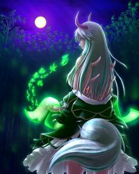 Rule 34 | 1girl, bamboo, bamboo forest, bare shoulders, breasts, cowboy shot, doramo, dress, ex-keine, forest, from behind, full moon, glowing, green dress, green eyes, hair over breasts, highres, horns, kamishirasawa keine, large breasts, long hair, looking at viewer, looking back, monster girl, moon, multicolored hair, nature, night, night sky, off shoulder, parted lips, petticoat, scroll, sidelocks, silver hair, sky, solo, tail, third eye, touhou, two-tone hair, undressing, yellow eyes