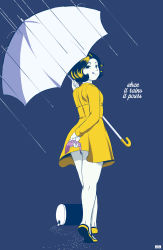 Rule 34 | 1girl, bare legs, closed mouth, coat, condom, condom packet strip, condom wrapper, female focus, full body, highres, jlullaby, legs, looking at viewer, looking back, mid-stride, morton salt, morton salt girl, naughty face, rain, raincoat, salt, short hair, solo, standing, text focus, tongue, tongue out, umbrella, yellow coat