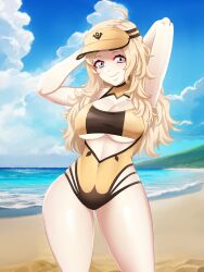 Rule 34 | 1girl, ahoge, alternate costume, arms up, beach, blonde hair, breasts, cleavage, cleavage cutout, clothing cutout, cowboy shot, fire emblem, fire emblem fates, grey eyes, highres, large breasts, long hair, nintendo, one-piece swimsuit, ophelia (fire emblem), seityr, solo, standing, swimsuit, thighs, underboob, underboob cutout, visor cap, wide hips