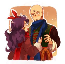 Rule 34 | 1boy, 1girl, bald, blue scarf, blush, chinese clothes, coat, commentary request, dragon ball, dragon ball (classic), earrings, eye contact, flying sweatdrops, hetero, jewelry, long hair, looking at another, lunch (dragon ball), lunch (good) (dragon ball), neko ni chikyuu, open mouth, purple hair, red scarf, scarf, tenshinhan, third eye, winter clothes