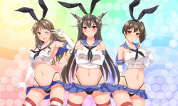 Rule 34 | 3girls, ;d, antennae, armpits, ashigara (kancolle), bare shoulders, black dress, black hair, blush, breasts, brown eyes, brown hair, cleavage, clothes lift, collarbone, cosplay, crop top, crop top overhang, dress, elbow gloves, gloves, hair ornament, hair ribbon, john (nakoto), kaga (kancolle), kantai collection, large breasts, long hair, looking at viewer, micro panties, midriff, miniskirt, multiple girls, nagato (kancolle), navel, one eye closed, open mouth, panties, personification, red eyes, ribbon, shimakaze (kancolle), shimakaze (kancolle) (cosplay), shiny skin, shirt, side ponytail, skindentation, skirt, skirt lift, sleeveless, sleeveless shirt, smile, striped clothes, striped legwear, striped thighhighs, taut clothes, taut shirt, thighhighs, underwear, v, v over eye, very long hair, white gloves, wind, wind lift, wink