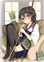 Rule 34 | 10s, 1girl, arrow (projectile), black thighhighs, bow (weapon), brown eyes, brown hair, japanese clothes, kaga (kancolle), kantai collection, muneate, okutomi fumi, personification, short hair, side ponytail, sitting, solo, thighhighs, weapon