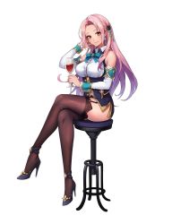 Rule 34 | 1girl, alcohol, artist request, bad id, bad twitter id, bare shoulders, black thighhighs, bow, bowtie, breasts, brown eyes, chair, crossed legs, cup, detached sleeves, drinking glass, earrings, garter straps, hair ornament, high heels, holding, jewelry, long hair, looking at viewer, luna princess, medium breasts, miniskirt, official art, pink hair, simple background, sitting, skirt, sleeveless, smile, solo, tenshi mikadokuni, thighhighs, white background, wine, wine glass, wrist cuffs, zettai ryouiki