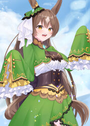 Rule 34 | 1girl, animal ears, ascot, black ascot, black thighhighs, blue sky, blurry, blurry background, blush, brown eyes, brown hair, cloud, commentary request, cowboy shot, dress, ear ornament, frilled dress, frilled sleeves, frills, green dress, hair between eyes, highres, horse ears, horse girl, horse tail, lens flare, long hair, lryutanl, multicolored hair, open mouth, outdoors, satono diamond (umamusume), sky, sleeves past fingers, sleeves past wrists, smile, solo, streaked hair, tail, thighhighs, thought bubble, umamusume, very long sleeves, white hair, wide sleeves
