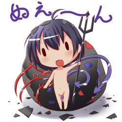 Rule 34 | 1girl, ahoge, asymmetrical wings, black hair, chibi, egg, fang, highres, houjuu nue, makuran, nude, open mouth, polearm, short hair, smile, solid oval eyes, solo, touhou, translation request, trident, weapon, wings