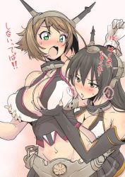 Rule 34 | 10s, 2girls, bare shoulders, black hair, blush, breast awe, grabbing another&#039;s breast, breasts, brown hair, cleavage, elbow gloves, gloves, grabbing, green eyes, hairband, headgear, huge breasts, kantai collection, long hair, midriff, multiple girls, mutsu (kancolle), nagato (kancolle), navel, neyonsan, open mouth, red eyes, short hair, translation request, yuri
