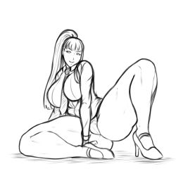Rule 34 | 1girl, artist request, blunt bangs, breasts, cleavage, dress shirt, high heels, highres, huge breasts, kolin, monochrome, necktie, panties, pencil skirt, shirt, side ponytail, simple background, sketch, skirt, solo, street fighter, street fighter v, thick thighs, thighs, underwear, white background
