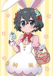 Rule 34 | 1girl, alternate costume, animal ears, basket, black hair, blue eyes, blush, bow, bowtie, commentary request, cosplay, dress, easter, easter bunny, easter bunny (cosplay), easter egg, egg, flower, gloves, hair bow, hair flower, hair ornament, kaban (kemono friends), kemono friends, no headwear, puffy short sleeves, puffy sleeves, rabbit ears, ransusan, red bow, red bowtie, red ribbon, ribbon, short hair, short sleeves, solo, striped sleeves, white dress, white gloves, yellow bow