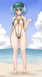 Rule 34 | 1girl, barefoot, beach, blue eyes, blue hair, blush, breasts, breasts apart, cloud, day, embarrassed, female focus, hair bobbles, hair ornament, hat, kawashiro nitori, key, large breasts, matching hair/eyes, ocean, outdoors, shinobe, short hair, sky, slingshot swimsuit, solo, swimsuit, touhou, twintails, two side up, water