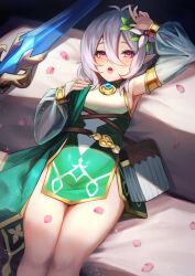 Rule 34 | 1girl, absurdres, antenna hair, bare shoulders, blush, breasts, bridal gauntlets, detached sleeves, dress, elf, flower, green dress, grey hair, hair between eyes, hair flower, hair ornament, hakusyokuto, highres, kokkoro (princess connect!), long sleeves, looking at viewer, lying, on back, open mouth, petals, pink eyes, pointy ears, princess connect!, puffy long sleeves, puffy sleeves, short hair, sleeveless, sleeveless dress, small breasts, two-tone dress, white dress, white flower, white hair