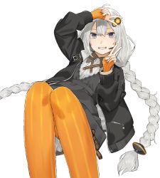 Rule 34 | 1girl, black jacket, braid, commentary request, dress, hair ornament, jacket, kizuna akari, long hair, looking at viewer, mi8pq, open clothes, open mouth, silver hair, simple background, smile, solo, striped, twin braids, twintails, very long hair, voiceroid, white background