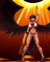 Rule 34 | &gt;:d, :d, abs, adapted costume, ahoge, arm at side, arm cannon, arm up, armpits, asymmetrical footwear, backlighting, bikini, bikini top only, black footwear, black hair, black wings, blush, boots, breasts, breasts apart, collarbone, covered erect nipples, dark-skinned female, dark skin, earrings, flipped hair, frills, full body, gluteal fold, gradient background, grey socks, hater (hatater), highres, hoop earrings, index finger raised, jewelry, knee boots, large breasts, legs apart, loafers, looking at viewer, mismatched footwear, muscular, muscular female, navel, open mouth, red eyes, reiuji utsuho, shiny skin, shoes, short hair, short shorts, shorts, single boot, single shoe, sky, smile, socks, solo, stomach, swimsuit, teeth, third eye, toned, touhou, unaligned breasts, v-shaped eyebrows, weapon, white bikini, white footwear, white shorts, wings