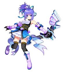 Rule 34 | bare shoulders, blue eyes, blue hair, boots, bow (weapon), breasts, cosmic break, dress, gauntlets, holding, holding bow (weapon), holding weapon, leg up, looking at viewer, medium breasts, melfi, melfi heart, official art, ponytail, sidelocks, simple background, smile, thighhighs, weapon