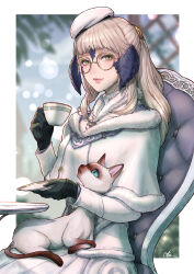 Rule 34 | 1girl, absurdres, au ra, black gloves, blonde hair, cam (cammero95713700), cat, cup, dragon horns, final fantasy, final fantasy xiv, fur-trimmed jacket, fur trim, glasses, gloves, green eyes, highres, holding, holding cup, horns, jacket, lips, long hair, looking at viewer, round eyewear, scales, sitting, solo, teacup, warrior of light (ff14)