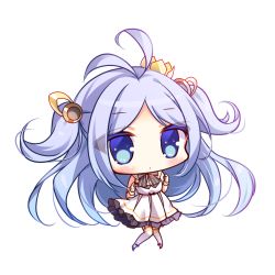 Rule 34 | 1girl, antenna hair, azur lane, bare shoulders, big head, black bow, black footwear, blue eyes, blue hair, blush, bow, character request, chibi, closed mouth, dress, garter straps, hair ornament, long hair, looking at viewer, parted bangs, pleated dress, ryuuka sane, sleeveless, sleeveless dress, solo, striped, striped bow, thighhighs, two side up, very long hair, white dress, white thighhighs, wristband