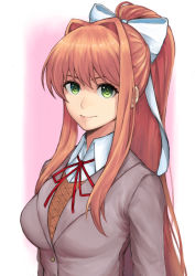 Rule 34 | 1girl, bow, breasts, closed mouth, collared shirt, commentary, doki doki literature club, eyebrows hidden by hair, green eyes, hair over shoulder, hair ribbon, high ponytail, long hair, looking at viewer, monika (doki doki literature club), natrium picture, orange hair, red ribbon, ribbon, school uniform, shaded face, shirt, sidelocks, simple background, smile, solo, two-tone background, upper body, white bow, white ribbon, white shirt