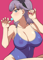 Rule 34 | 10s, 1girl, @ @, adjusting hair, armpits, bare arms, bare shoulders, black hairband, blue eyes, blue one-piece swimsuit, blunt bangs, blush, breasts, cleavage, collarbone, competition school swimsuit, covered erect nipples, covered navel, dagashi kashi, eating, female focus, flower, food, hair flower, hair ornament, hairband, hands up, large breasts, looking at viewer, nail polish, neck, nipples, nt00, one-piece swimsuit, pink background, popsicle, purple flower, purple hair, purple rose, red nails, ringed eyes, rose, school swimsuit, see-through, shidare hotaru, shiny skin, short hair, simple background, solo, sweat, swimsuit