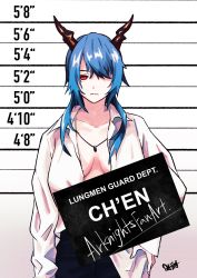 Rule 34 | 1girl, arknights, black pants, blue hair, breasts, ch&#039;en (arknights), character name, collared shirt, cowboy shot, dragon girl, dragon horns, hair over one eye, highres, horns, jewelry, medium breasts, mugshot, necklace, open clothes, open shirt, pants, peppsi (saba sabasuk0), red eyes, shirt, solo, white shirt