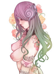 Rule 34 | 1girl, bad id, bad pixiv id, bdsm, breasts, collar, flower, kusagami style, long hair, nipples, original, profile, simple background, slave, solo, tattoo, topless, white background