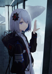 Rule 34 | 1girl, black hoodie, blue eyes, closed mouth, cloud, commentary, english commentary, from side, grey hair, hair between eyes, hair over one eye, hand on glass, hand up, highres, hood, hood down, hoodie, indoors, kamitsubaki studio, long sleeves, looking at viewer, multicolored eyes, nekoreito, open clothes, open hoodie, purple eyes, rime (cevio), shirt, short hair, shuriken hair ornament, solo, standing, stone floor, upper body, virtual youtuber, white shirt