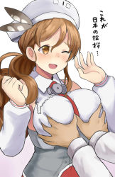 Rule 34 | 10s, 1boy, 1girl, ;d, absurdres, admiral (kancolle), blush, grabbing another&#039;s breast, breasts, brown eyes, brown hair, commentary request, curly hair, detached sleeves, grabbing, headgear, hetero, highres, kantai collection, large breasts, littorio (kancolle), long hair, military, military uniform, naval uniform, okitsugu, one eye closed, open mouth, out of frame, simple background, smile, translated, uniform, white background