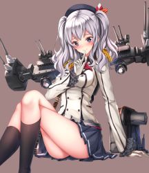 Rule 34 | 10s, 1girl, arm support, ass, beret, black socks, blush, breasts, buttons, crossed legs, epaulettes, finger to mouth, frilled sleeves, frills, gloves, grey eyes, hat, highres, index finger raised, kantai collection, kashima (kancolle), kerchief, kneehighs, large breasts, military, military uniform, miniskirt, pleated skirt, sidelocks, silver hair, sitting, skirt, smile, socks, solo, swordsouls, tsurime, twintails, uniform, wavy hair, white gloves