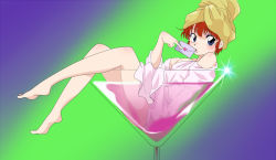 Rule 34 | 1girl, alcohol, alternate hairstyle, barefoot, bathrobe, blue background, blue eyes, breasts, champagne, cleavage, cup, drinking glass, full body, gender request, genderswap, glass, gradient background, green background, hair up, heart, in container, in cup, letter, looking at viewer, love letter, lying, medium breasts, multicolored background, on back, parted lips, ranma-chan, ranma 1/2, red hair, robe, saotome ranma, sitting, solo, suika (swimy0pe0u u0s), towel, towel on head, white robe, wine glass, yellow towel