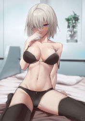 Rule 34 | 1girl, arm behind back, black bra, black panties, black thighhighs, blue eyes, blurry, blurry background, bra, breasts, collarbone, commentary, depth of field, english commentary, fate/grand order, fate (series), grey hair, hand up, highres, indoors, kakeku, long bangs, looking at viewer, mash kyrielight, medium breasts, navel, on bed, panties, plant, potted plant, short hair, sitting, solo, stomach, strap slip, sweat, thighhighs, thighs, underwear, underwear only