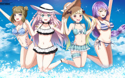 Rule 34 | achates (epic seven), angelica (epic seven), armpits, beach, bikini, blonde hair, blush, brown eyes, clarissa (epic seven), epic seven, hat, heart, heart-shaped pupils, highres, looking at viewer, montmorancy (epic seven), open mouth, pink hair, purple hair, red eyes, sky, swimsuit, symbol-shaped pupils, twomoon