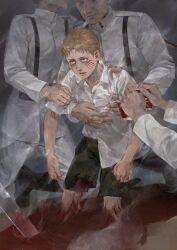 Rule 34 | 1girl, 3boys, aged down, armband, blonde hair, blood, blood on clothes, collared shirt, highres, luguoadeli (maple12031), male focus, marley military uniform, multiple boys, reiner braun, shingeki no kyojin, shirt, short hair, shorts, soldier, solo focus, spoilers, steam, suspenders, theo magath, training