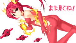 Rule 34 | 1girl, ass, blush, bodysuit, breasts, cthugha (nyaruko-san), elbow gloves, fire, fire, gloves, hair ornament, haiyore! nyaruko-san, long hair, looking at viewer, looking back, red eyes, red gloves, red hair, red thighhighs, solo, thighhighs, translation request, twintails