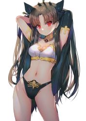 Rule 34 | 1girl, armlet, bad id, bad pixiv id, bare shoulders, bikini, black hair, blush, breasts, cowboy shot, crown, earrings, fate/grand order, fate (series), groin, hair ribbon, hanato (seonoaiko), hands in hair, highres, hoop earrings, ishtar (fate), jewelry, long hair, looking at viewer, medium breasts, mismatched bikini, navel, neck ring, parted bangs, red eyes, ribbon, solo, stomach, swimsuit, two side up
