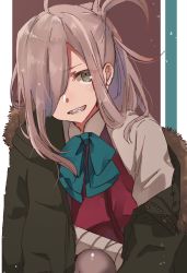 Rule 34 | 1girl, ahoge, asashimo (kancolle), bandages, fur-trimmed jacket, fur trim, green jacket, grey eyes, grey pantyhose, grin, hair over one eye, halterneck, jacket, kantai collection, looking at viewer, multicolored background, pantyhose, ponytail, rinto (rint rnt), school uniform, sharp teeth, shirt, silver hair, smile, solo, squatting, teeth, white shirt