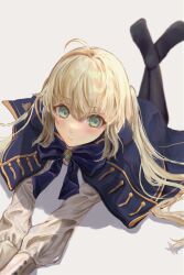 Rule 34 | 1girl, :i, ahoge, anri (x anri x), artoria caster (fate), artoria caster (second ascension) (fate), artoria pendragon (fate), black pantyhose, blonde hair, blue bow, blue bowtie, blue eyes, blush, bow, bowtie, brooch, clothing cutout, commentary, fate/grand order, fate (series), green eyes, hair between eyes, highres, jewelry, long hair, long sleeves, lying, no shoes, on stomach, pantyhose, shirt, shoulder cutout, soles, solo, symbol-only commentary, the pose, twintails, white shirt