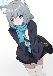 Rule 34 | 1girl, absurdres, animal ear fluff, animal ears, bag, black skirt, blazer, blue archive, blue eyes, blue jacket, blue necktie, blue scarf, cross hair ornament, dutch angle, feet out of frame, grey hair, hair ornament, halo, hands in pockets, highres, jacket, light blush, long sleeves, looking to the side, medium hair, mismatched pupils, necktie, open clothes, open jacket, plaid, plaid skirt, scarf, school bag, shiroko (blue archive), shirt, shirt tucked in, simple background, skirt, solo, striped clothes, striped scarf, todatanoto, white shirt, wolf ears