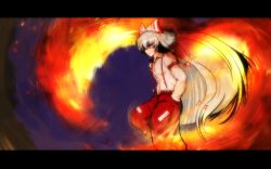 Rule 34 | 1girl, bad id, bad pixiv id, female focus, fiery wings, fujiwara no mokou, gradient background, grin, hands in pockets, letterboxed, morise, smile, solo, touhou, wings