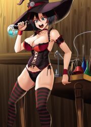 Rule 34 | 1girl, :d, bare shoulders, black choker, black hair, black headwear, black panties, black thighhighs, bottle, bra, breasts, choker, collarbone, commission, feet out of frame, hat, highres, holding, holding bottle, large breasts, looking down, navel, nico-mo, open mouth, panties, red bra, red hair, red thighhighs, ruby rose, rwby, short hair, side-tie panties, skindentation, smile, standing, striped clothes, striped thighhighs, table, thighhighs, underwear, witch hat, wrist cuffs