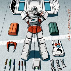 Rule 34 | 1980s (style), 1boy, autobot, dated, double sided wrench, kamizono (spookyhouse), looking at viewer, machine, machinery, male focus, mecha, medic, no humans, oldschool, ratchet (transformers), retro artstyle, robot, science fiction, screwdriver, smile, solo, toolbox, tools, transformers, twitter username, weapon, wrench