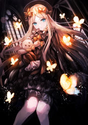 Rule 34 | abigail williams (fate), black bow, black dress, black hat, blonde hair, bloomers, blue eyes, bow, bug, butterfly, dark, dress, fate/grand order, fate (series), glowing, hat, highres, holding, holding stuffed toy, indoors, insect, jan (lightdragoon), knees together feet apart, light particles, long hair, looking at viewer, orange bow, polka dot, polka dot bow, revision, solo, stuffed animal, stuffed toy, teddy bear, underwear