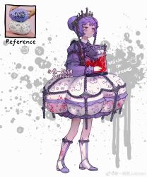 Rule 34 | 1girl, absurdres, artist name, beads, blush, boots, chinese commentary, closed mouth, collared dress, copyright notice, crown, double bun, dress, english text, full body, hair beads, hair bun, hair ornament, highres, holding, knee boots, long sleeves, looking afar, original, paint splatter, photo inset, pumpkin, pumpkin costume, purple dress, purple eyes, purple footwear, purple hair, purple pupils, short hair, solo, standing, trick or treat, two-tone footwear, weibo watermark, white background, white footwear, zhu yiguo tian