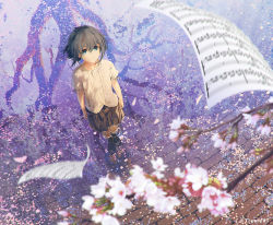 Rule 34 | 1girl, arms at sides, bare tree, beamed eighth notes, black footwear, black hair, blurry, blurry foreground, boots, brown skirt, cherry blossoms, closed mouth, collarbone, commentary request, day, depth of field, floating hair, flower, from above, looking at viewer, looking up, mocha (cotton), musical note, original, outdoors, petals, pink flower, pleated skirt, puffy short sleeves, puffy sleeves, reflection, ripples, sheet music, shirt, short hair, short sleeves, skirt, smile, solo, standing, tree, branch, twitter username, wading, water, white shirt, wind