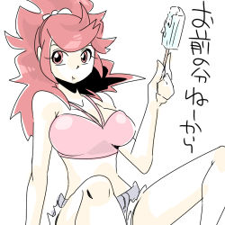Rule 34 | 10s, 1girl, :t, breasts, chili (pokemon), creatures (company), eating, female focus, food, game freak, gender request, genderswap, gym leader, halterneck, large breasts, long hair, lowres, nintendo, pokemon, pokemon bw, ponytail, popsicle, red eyes, red hair, shorts, solo, white background