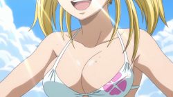 Rule 34 | 1girl, animated, animated gif, beach, bikini, blonde hair, bouncing breasts, breasts, cleavage, fairy tail, large breasts, lucy heartfilia, smile, swimsuit