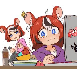 Rule 34 | 2girls, :3, animal ear fluff, animal ears, black hair, blue eyes, closed mouth, computer, frown, hakos baelz, holding, hololive, hololive english, jacket, keyboard (computer), long hair, mother and daughter, mouse (animal), mouse ears, mouse girl, mousetrap, multicolored hair, multiple girls, open mouth, pink shirt, plate, pointing, purple jacket, rayea, red eyes, shirt, simple background, smell, smile, trash bag, virtual youtuber, white background, white hair