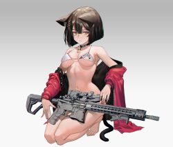 Rule 34 | 1girl, animal ears, ar-15, bare shoulders, barefoot, bell, bikini, black hair, blush, bob cut, breasts, brown eyes, cat ears, cat girl, cat tail, choker, clenched teeth, collarbone, gun, hair between eyes, hair ornament, hairclip, halterneck, holding, holding gun, holding weapon, ihobus, jacket, jingle bell, kneeling, long sleeves, looking at viewer, medium breasts, nail polish, navel, neck bell, off shoulder, open clothes, open jacket, original, parted lips, paw print, red jacket, red nails, rifle, scope, simple background, solo, stomach, swimsuit, tail, teeth, weapon, white bikini