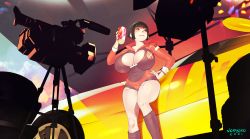 Rule 34 | 1girl, absurdres, black footwear, black hair, black leotard, blunt bangs, boots, borrowed character, breasts, can, car, cleavage, cloud, cloudy sky, commentary, day, drink can, english commentary, exposed pocket, hand on own hip, high collar, highres, huge breasts, leotard, long legs, mole, mole under eye, motor vehicle, multicolored leotard, norasuko, original, purple eyes, race queen, race vehicle, racecar, recording, red leotard, sagging breasts, short hair, sky, soda can, solo, standing, tera (aurahack), tripod, very short hair, video camera