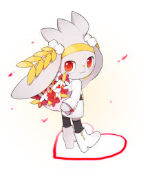 Rule 34 | absurdres, black thighhighs, boots, bouquet, buttons, closed mouth, clothed pokemon, coat, colaoud, commentary request, creatures (company), flower, game freak, gen 8 pokemon, heart, highres, holding, holding bouquet, korean commentary, long sleeves, looking at viewer, looking back, nintendo, no humans, pokemon, pokemon (creature), raboot, red eyes, smile, solo, standing, thighhighs, white coat, white footwear