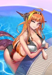 Rule 34 | absurdres, bikini, bow, breasts, crossed arms, diagonal-striped bow, dragon girl, dragon horns, dragon tail, hair ribbon, highres, hololive, horns, kiryu coco, large breasts, leaning forward, long hair, one eye closed, orange hair, pool, purple eyes, ribbon, solo, striped, swimsuit, tail, unstableboiler, virtual youtuber, water