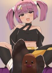 Rule 34 | 1girl, :d, aprico, bare shoulders, belt, belt buckle, black eyes, blunt bangs, blush, breasts, bright pupils, buckle, choker, commentary request, creatures (company), diglett, fang, feet, game freak, gen 1 pokemon, grey background, hair ornament, highres, leggings, looking at viewer, looking down, navel, nintendo, off-shoulder shirt, off shoulder, open mouth, pokemon, pokemon (anime), pokemon (creature), pokemon horizons, purple hair, raised eyebrows, coral (pokemon), sexually suggestive, shirt, sitting, small breasts, smile, twintails, white pupils, yellow belt
